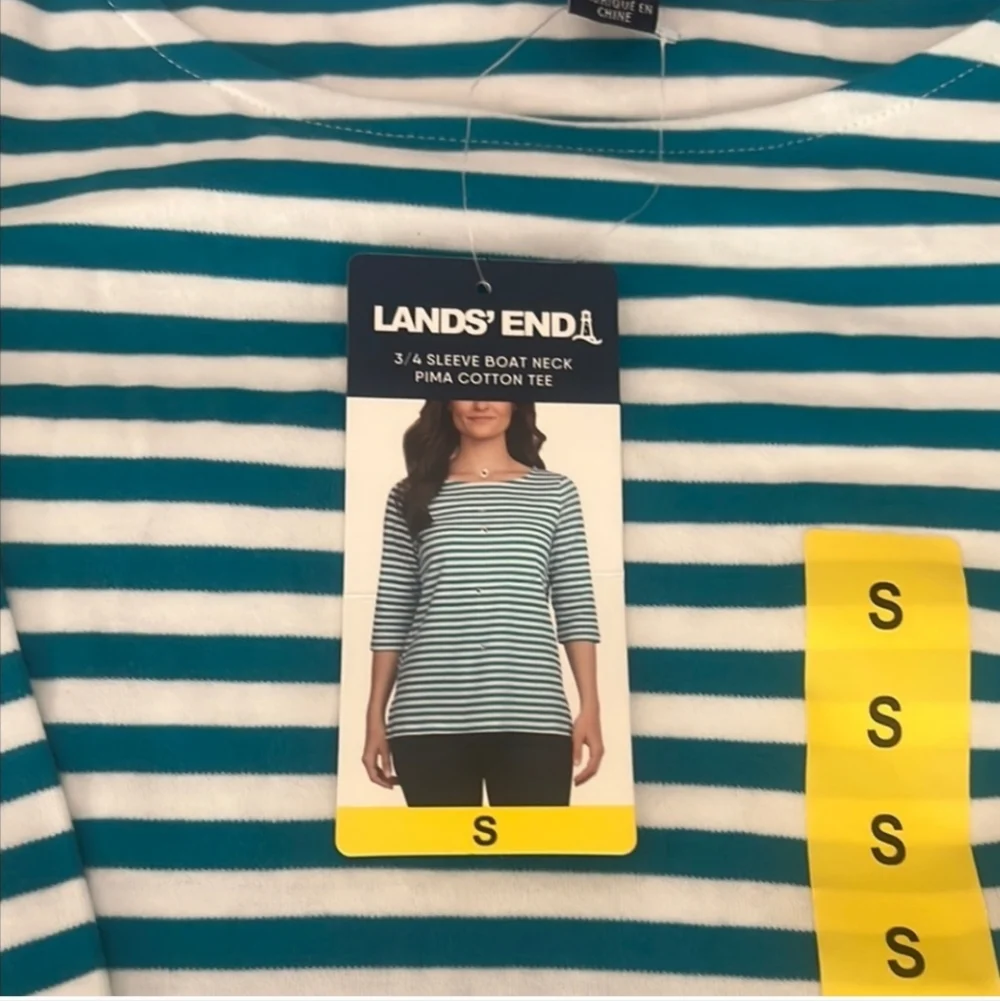NWT Lands' End 3/4 Sleeve Boat Neck Pima Cotton Tee Blue/White Stripes‎